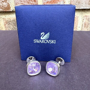 Swarovski Purple Crystal Silver Tone Cufflinks Swan Signed w/ Gift Box